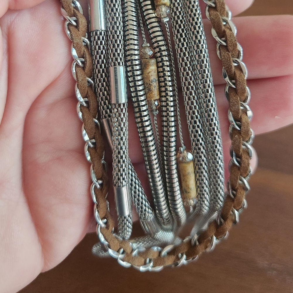 White House Black Market Five Strand Necklace Silver with suede cord & crystal - Picture 2 of 10